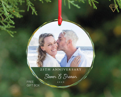 Custom Year Anniversary Photo Glass Ornament - Husband and Wife Picture Memorial Keepsake