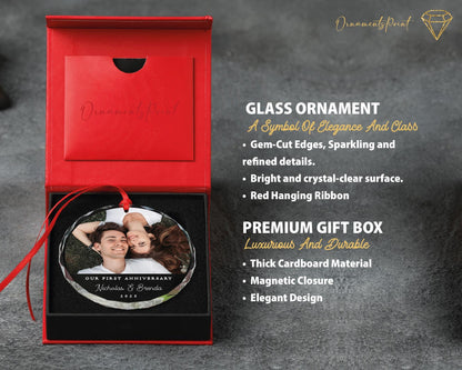 Our First Anniversary Photo Glass Ornament - Custom Couple 1 Year Picture Keepsake