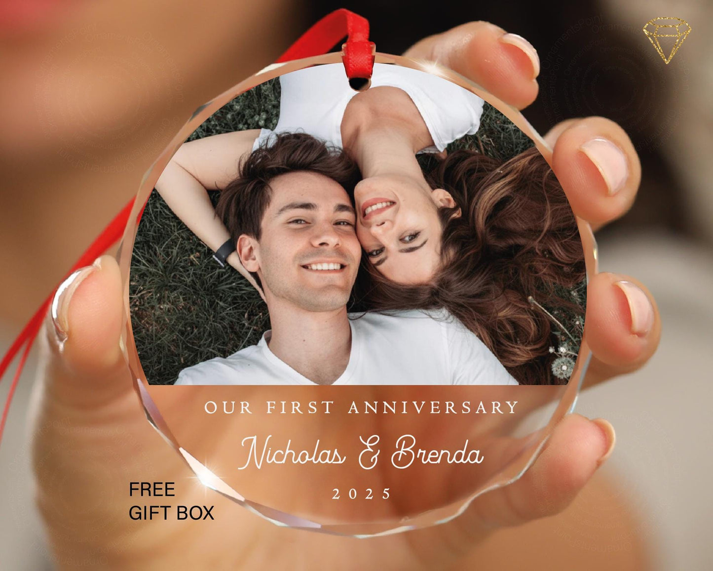 Our First Anniversary Photo Glass Ornament - Custom Couple 1 Year Picture Keepsake