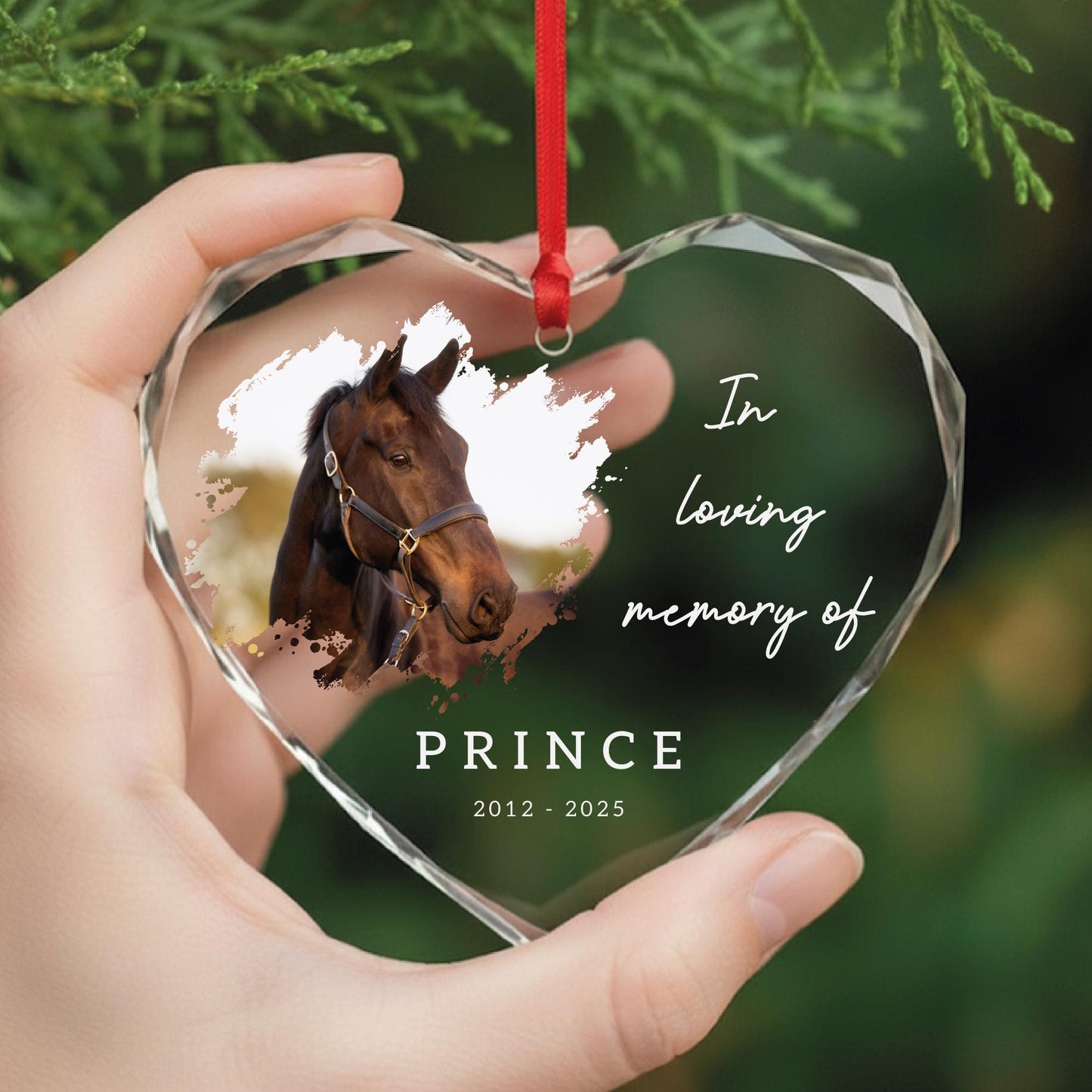 Personalized Horse Photo Memorial Glass Heart Ornament, In Loving Memory of Pet Keepsake