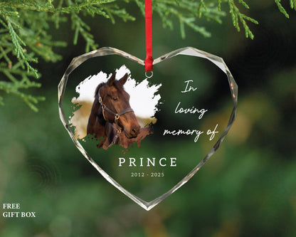 Personalized Horse Photo Memorial Glass Heart Ornament, In Loving Memory of Pet Keepsake
