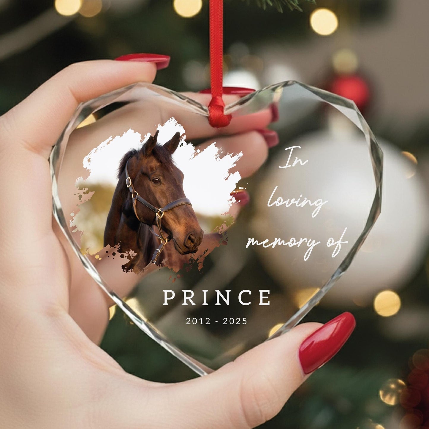 Personalized Horse Photo Memorial Glass Heart Ornament, In Loving Memory of Pet Keepsake