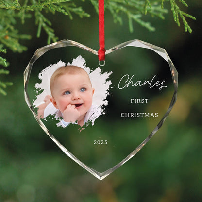 Personalized Baby First Christmas Glass Heart Ornament - Newborn Picture Keepsake