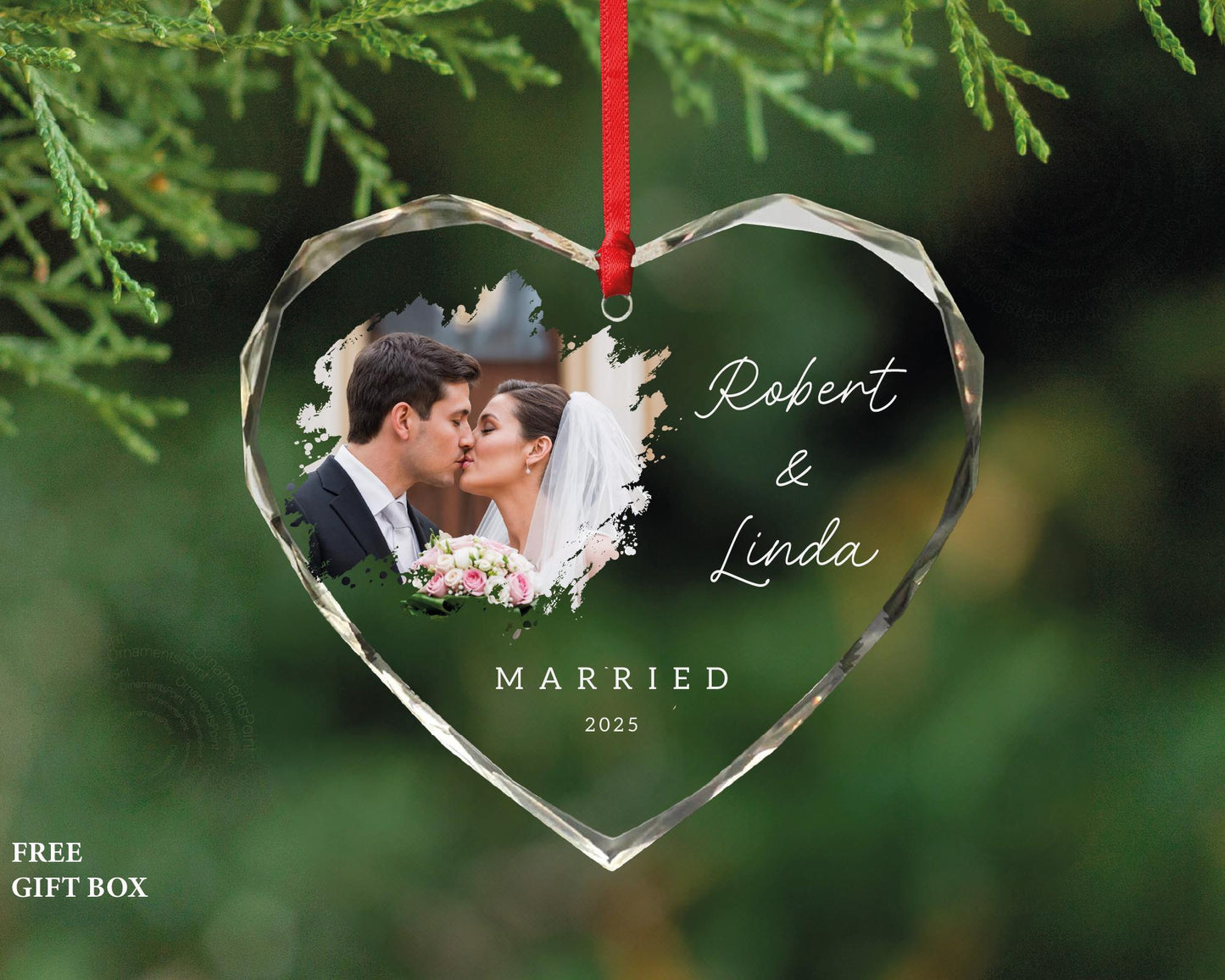 Custom Married Photo Glass Heart Ornament - Personalized Wedding Picture Keepsake