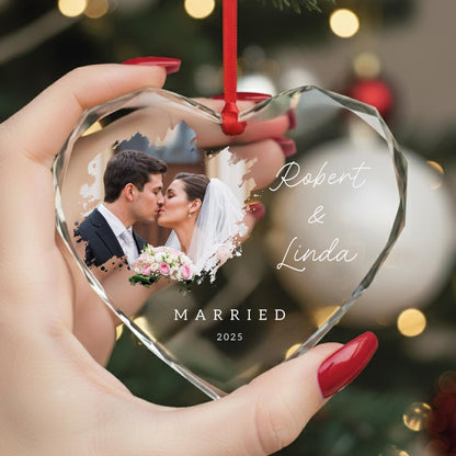 Custom Married Photo Glass Heart Ornament - Personalized Wedding Picture Keepsake