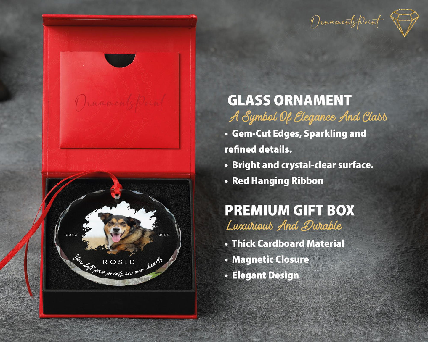 Custom Dog Photo Memorial Glass Ornament - You Left Paw Prints On Our Hearts