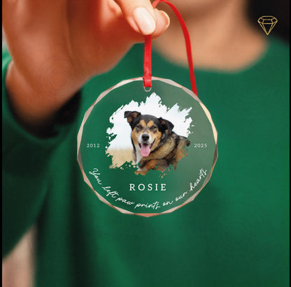 Custom Dog Photo Memorial Glass Ornament - You Left Paw Prints On Our Hearts