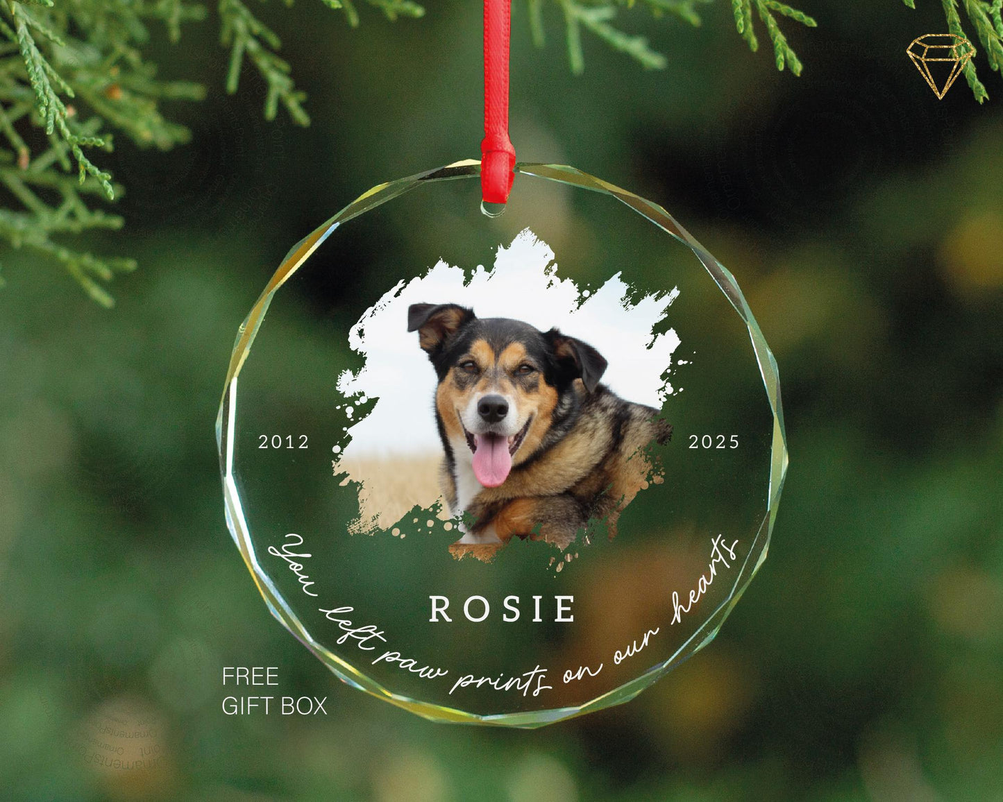 Custom Dog Photo Memorial Glass Ornament - You Left Paw Prints On Our Hearts