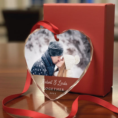 Custom Couple Photo Glass Heart Ornament - Personalized Together Picture Keepsake