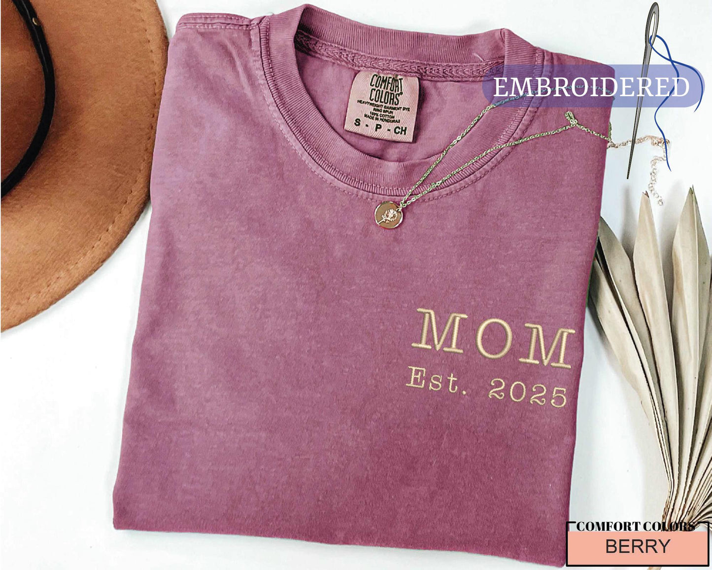 Embroidered Mom Est Custom Year Shirt - New Mother Established Announcement Pocket Outfit