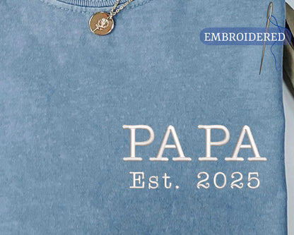 Custom Embroidered Papa Est Year Shirt - New Grandfather Announcement Pocket Design Outfit