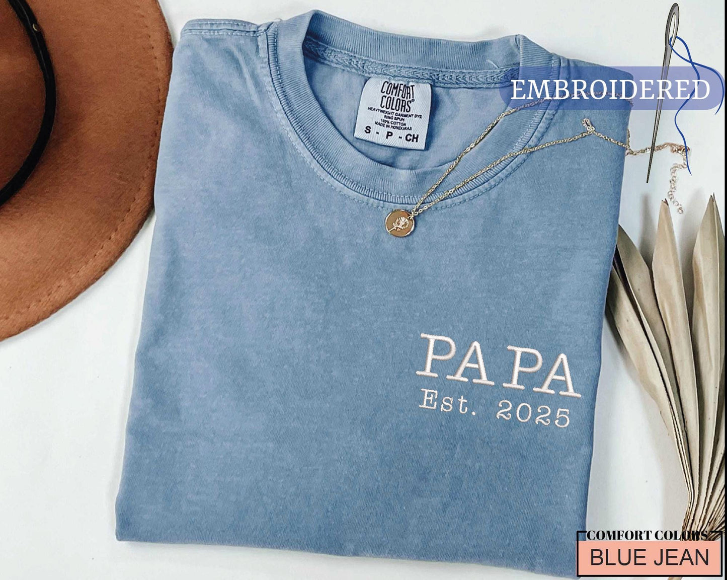 Custom Embroidered Papa Est Year Shirt - New Grandfather Announcement Pocket Design Outfit