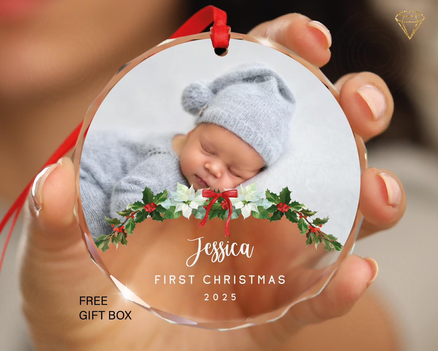Custom Baby Photo Glass Ornament - First Year Newborn Picture Keepsake