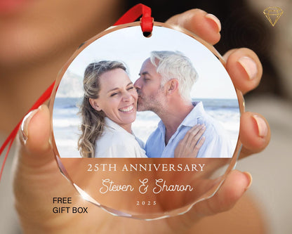 Custom Year Anniversary Photo Glass Ornament - Husband and Wife Picture Memorial Keepsake