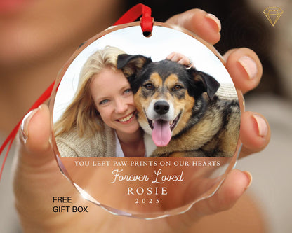 Custom Dog Memorial Photo Glass Ornament - You Left Paw Prints On Our Hearts Forever Loved