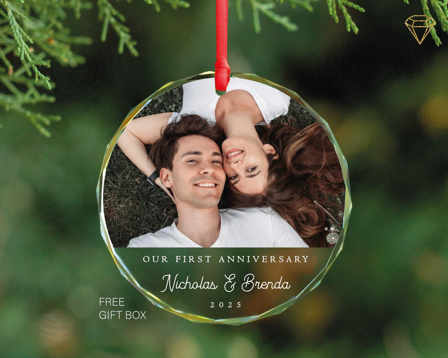 Our First Anniversary Photo Glass Ornament - Custom Couple 1 Year Picture Keepsake