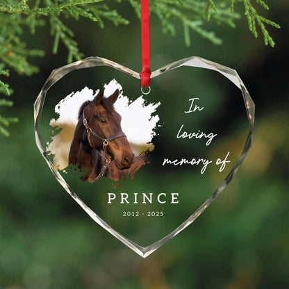 Personalized Horse Photo Memorial Glass Heart Ornament, In Loving Memory of Pet Keepsake