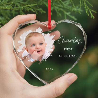 Personalized Baby First Christmas Glass Heart Ornament - Newborn Picture Keepsake