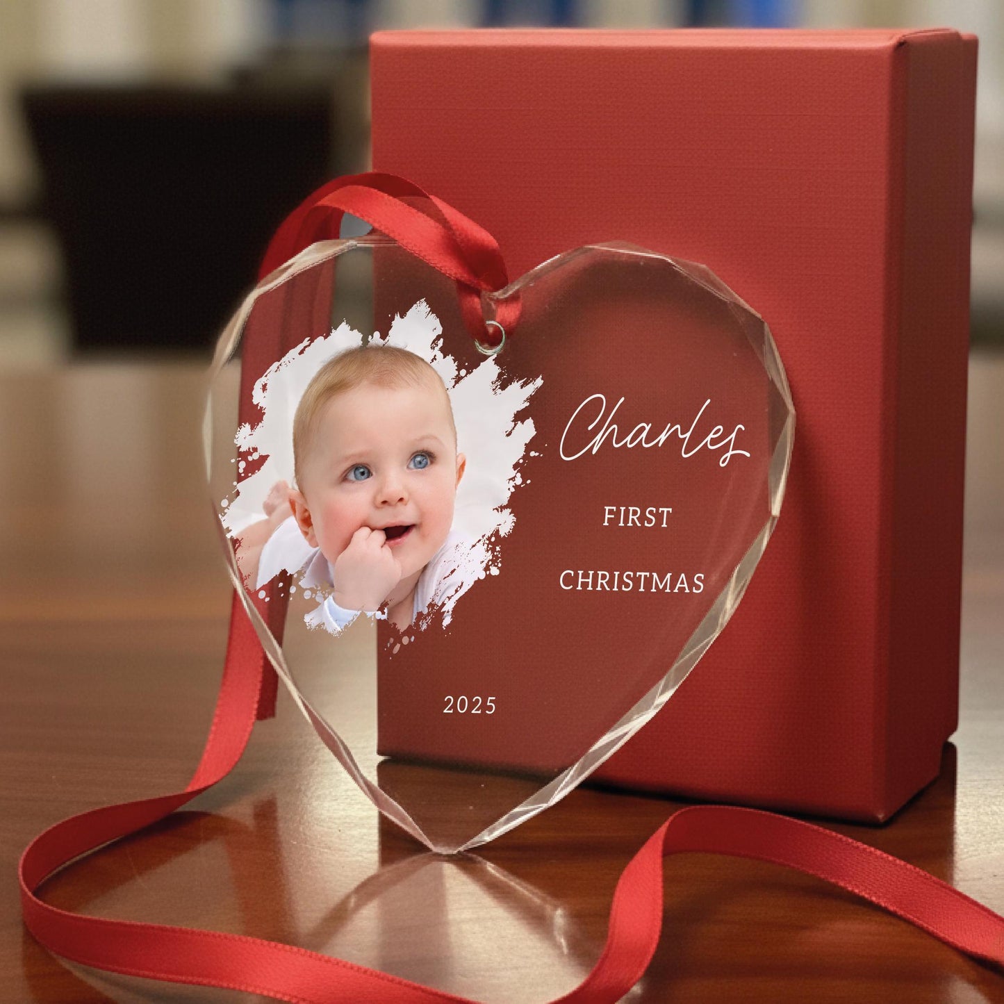 Personalized Baby First Christmas Glass Heart Ornament - Newborn Picture Keepsake