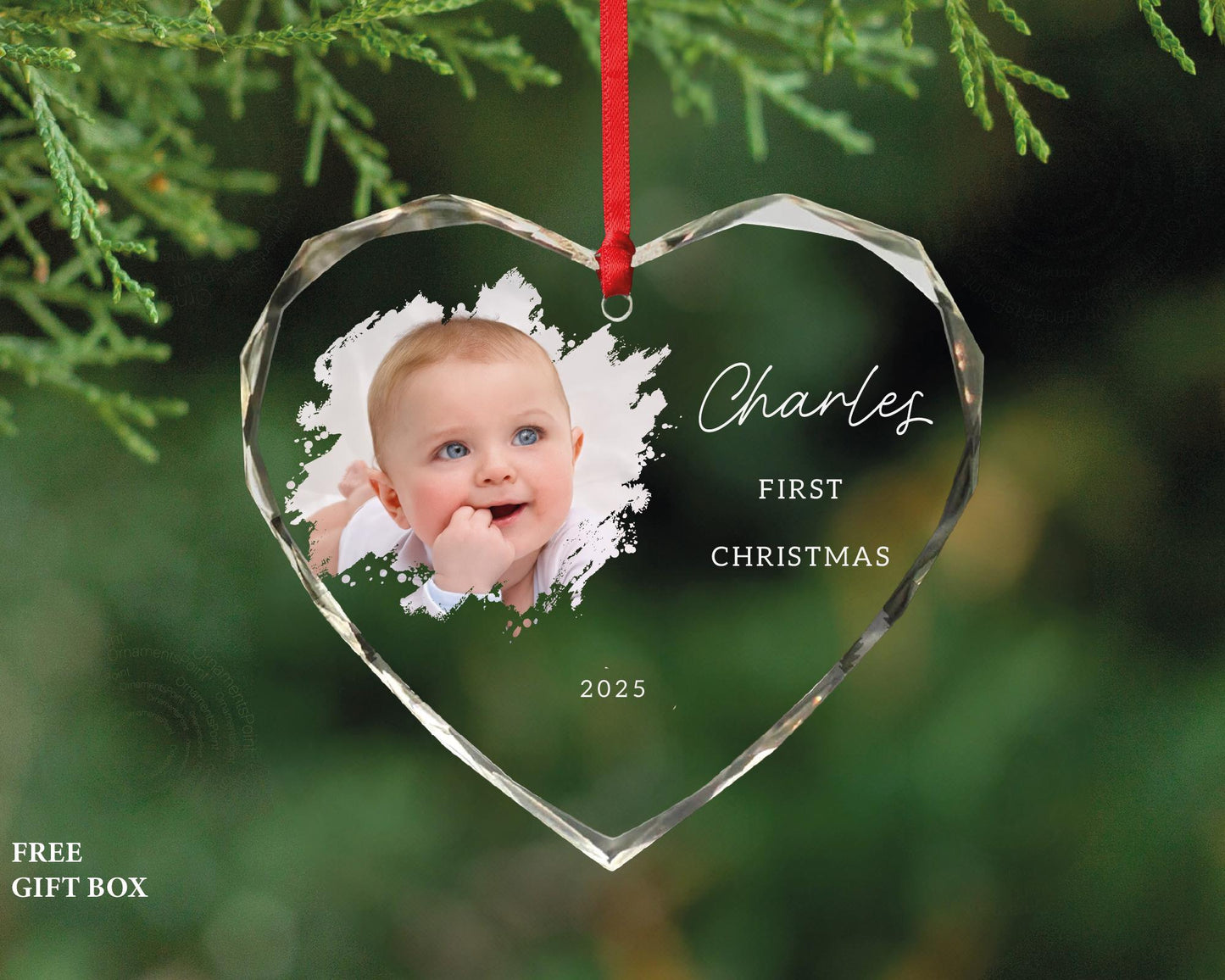 Personalized Baby First Christmas Glass Heart Ornament - Newborn Picture Keepsake