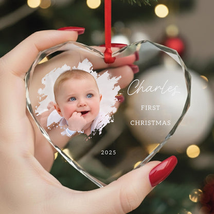 Personalized Baby First Christmas Glass Heart Ornament - Newborn Picture Keepsake