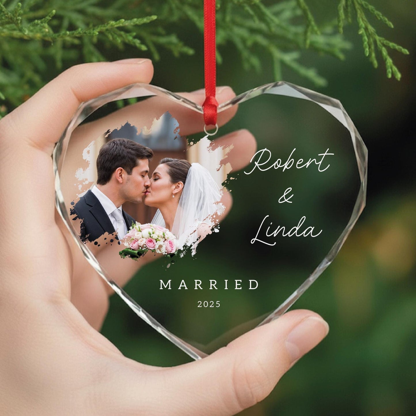 Custom Married Photo Glass Heart Ornament - Personalized Wedding Picture Keepsake