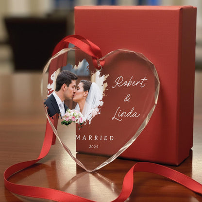 Custom Married Photo Glass Heart Ornament - Personalized Wedding Picture Keepsake