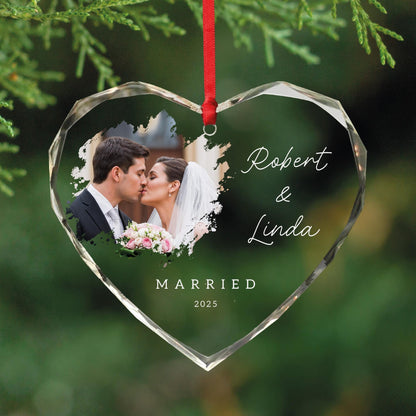 Custom Married Photo Glass Heart Ornament - Personalized Wedding Picture Keepsake