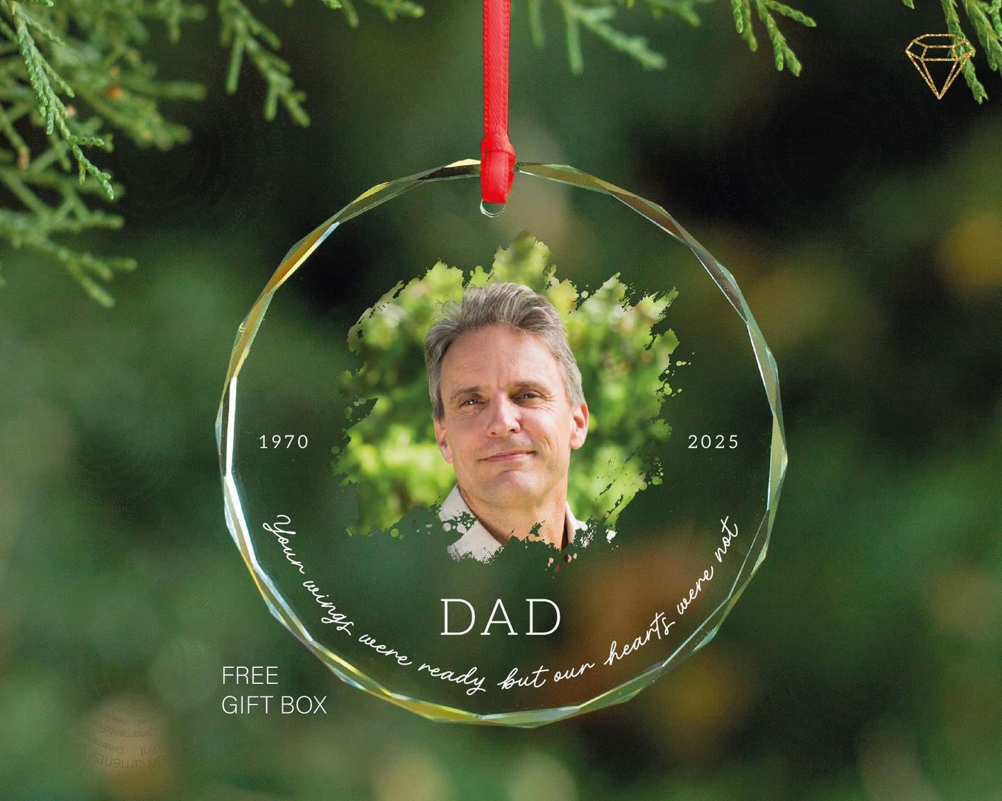 Custom Loss of Dad Photo Memorial Glass Ornament - Your Wings Were Ready But Our Hearts Were Not
