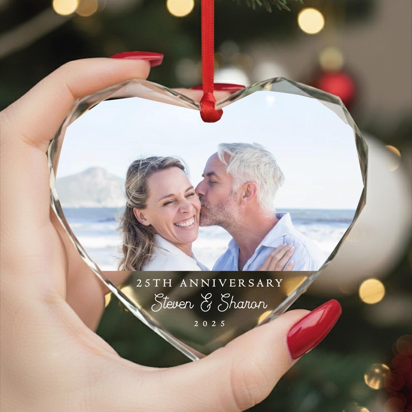 Custom Year Anniversary Photo Glass Heart Ornament - Picture Memorial Keepsake for Husband and Wife
