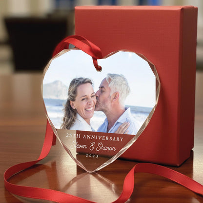 Custom Year Anniversary Photo Glass Heart Ornament - Picture Memorial Keepsake for Husband and Wife