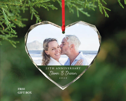 Custom Year Anniversary Photo Glass Heart Ornament - Picture Memorial Keepsake for Husband and Wife