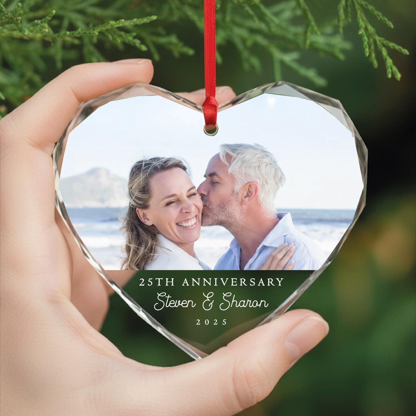 Custom Year Anniversary Photo Glass Heart Ornament - Picture Memorial Keepsake for Husband and Wife