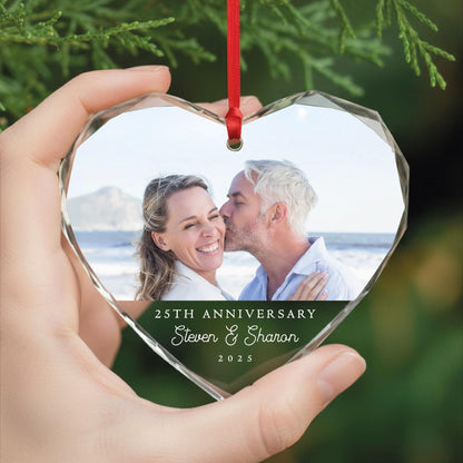 Custom Year Anniversary Photo Glass Heart Ornament - Picture Memorial Keepsake for Husband and Wife