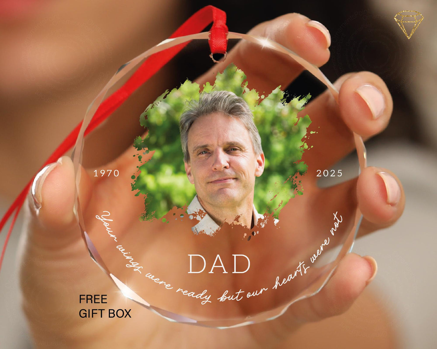 Custom Loss of Dad Photo Memorial Glass Ornament - Your Wings Were Ready But Our Hearts Were Not