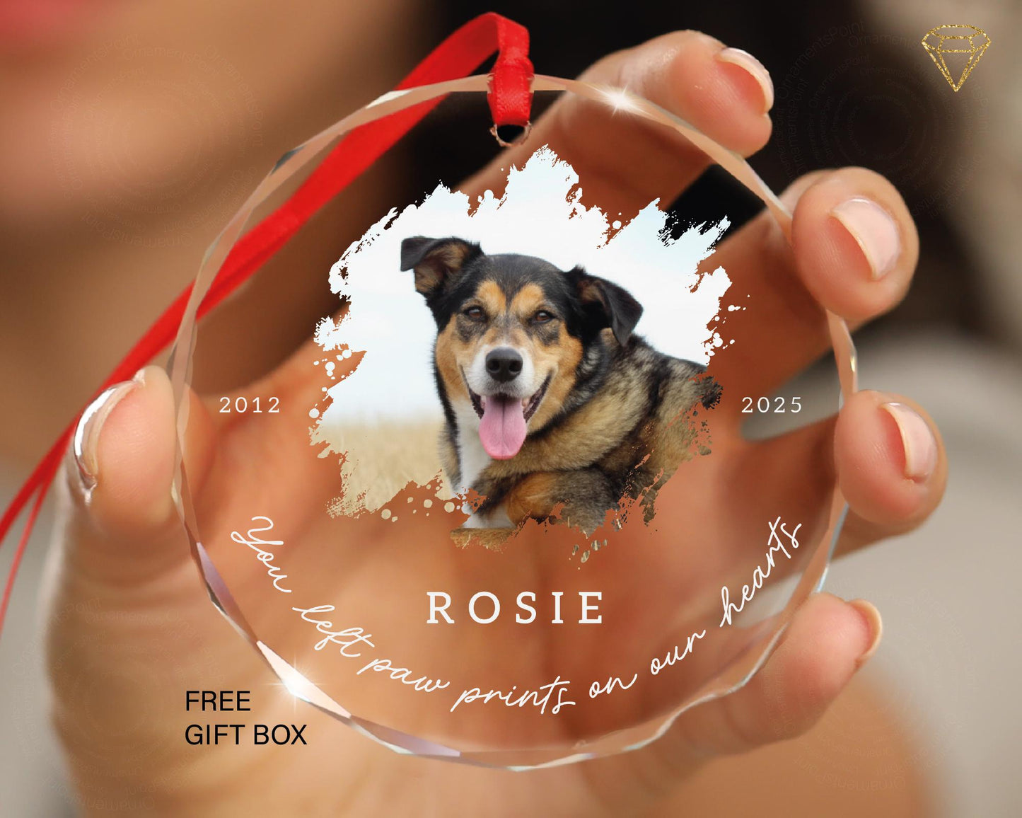 Custom Dog Photo Memorial Glass Ornament - You Left Paw Prints On Our Hearts