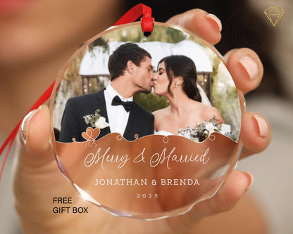 Custom Merry and Married Photo Glass Ornament
