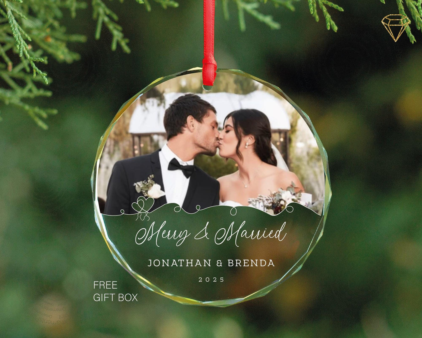 Custom Merry and Married Photo Glass Ornament