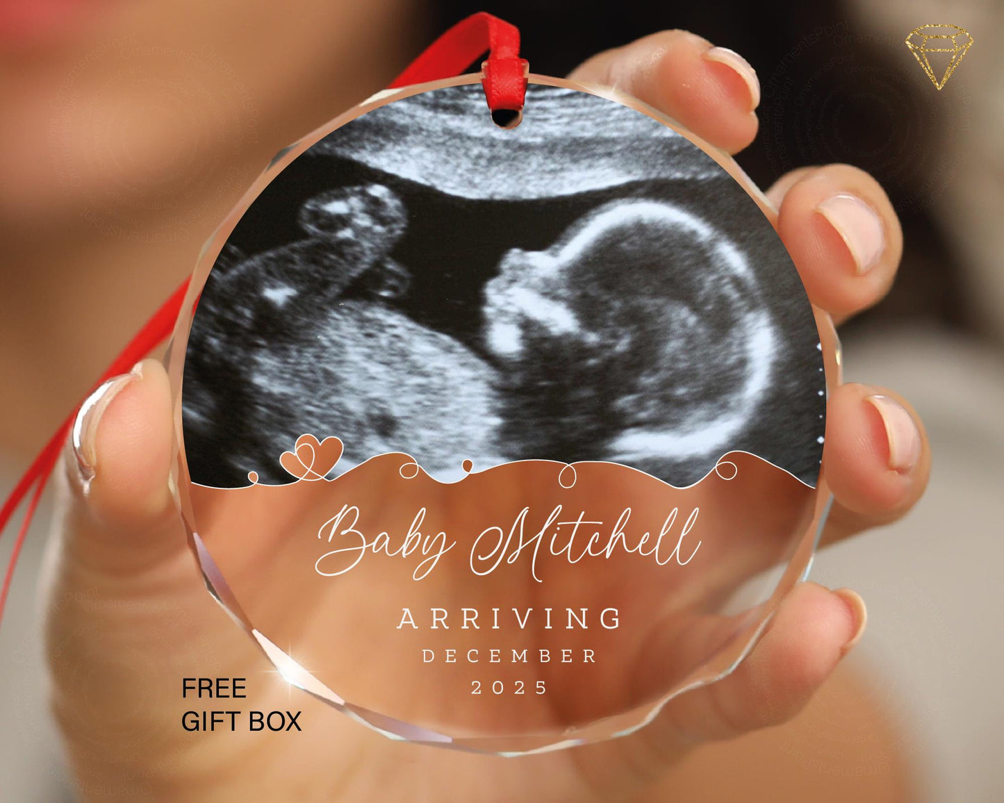 Custom Baby Ultrasound Photo Glass Ornament - Personalized Arriving Baby Name