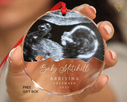 Custom Baby Ultrasound Photo Glass Ornament - Personalized Arriving Baby Name
