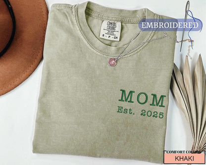 Embroidered Mom Est Custom Year Shirt - New Mother Established Announcement Pocket Outfit