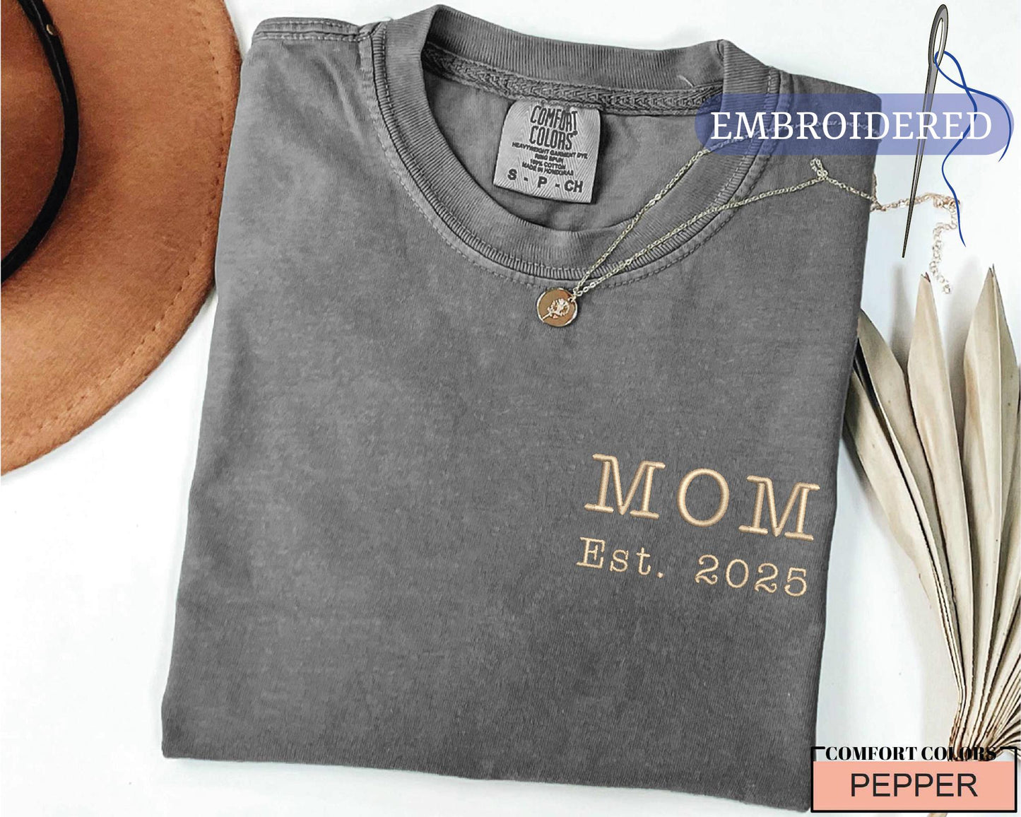 Embroidered Mom Est Custom Year Shirt - New Mother Established Announcement Pocket Outfit