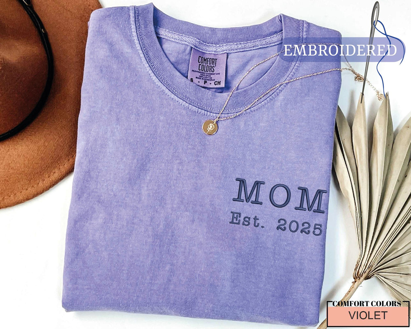 Embroidered Mom Est Custom Year Shirt - New Mother Established Announcement Pocket Outfit
