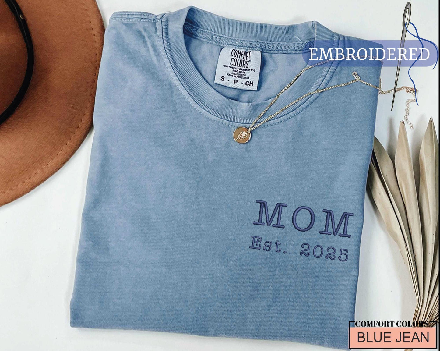Embroidered Mom Est Custom Year Shirt - New Mother Established Announcement Pocket Outfit