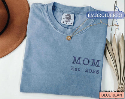 Embroidered Mom Est Custom Year Shirt - New Mother Established Announcement Pocket Outfit