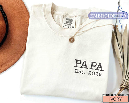 Custom Embroidered Papa Est Year Shirt - New Grandfather Announcement Pocket Design Outfit