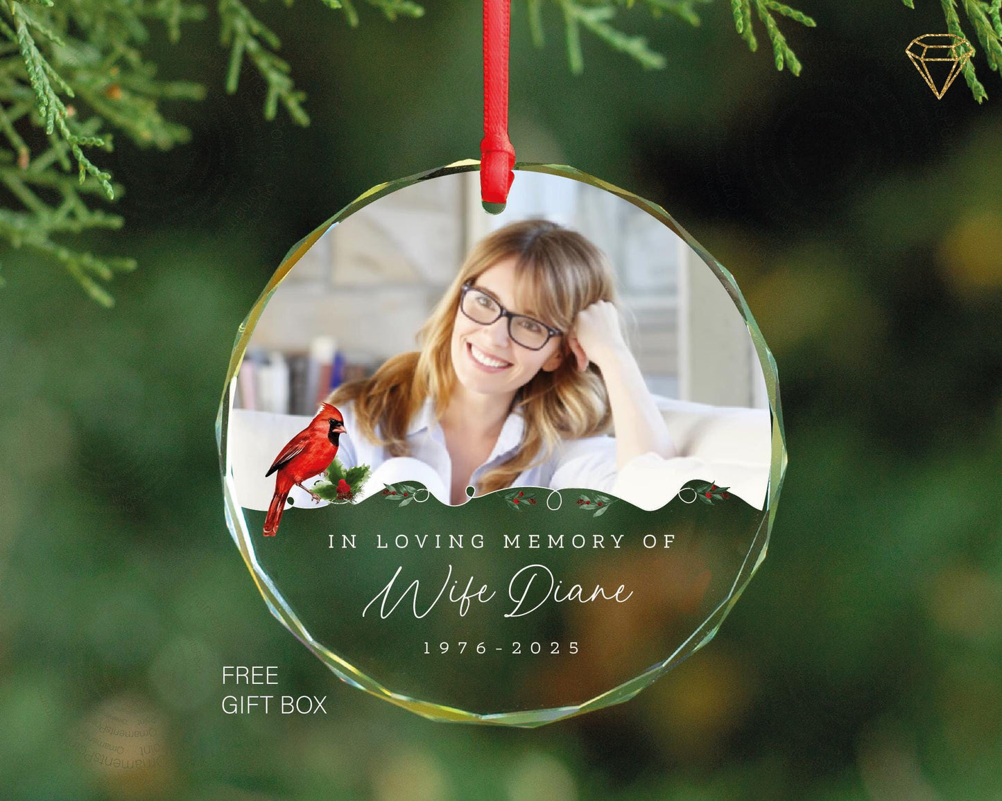 In Loving Memory of Wife Photo Glass Ornament - Cardinal Designed Memorial for a Bereaved Husband