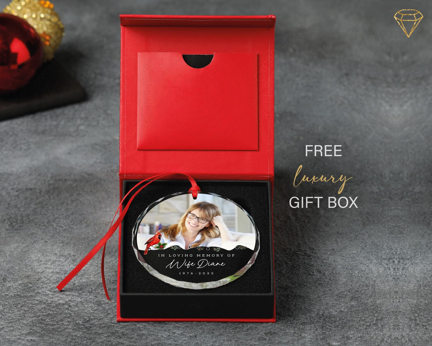 In Loving Memory of Wife Photo Glass Ornament - Cardinal Designed Memorial for a Bereaved Husband