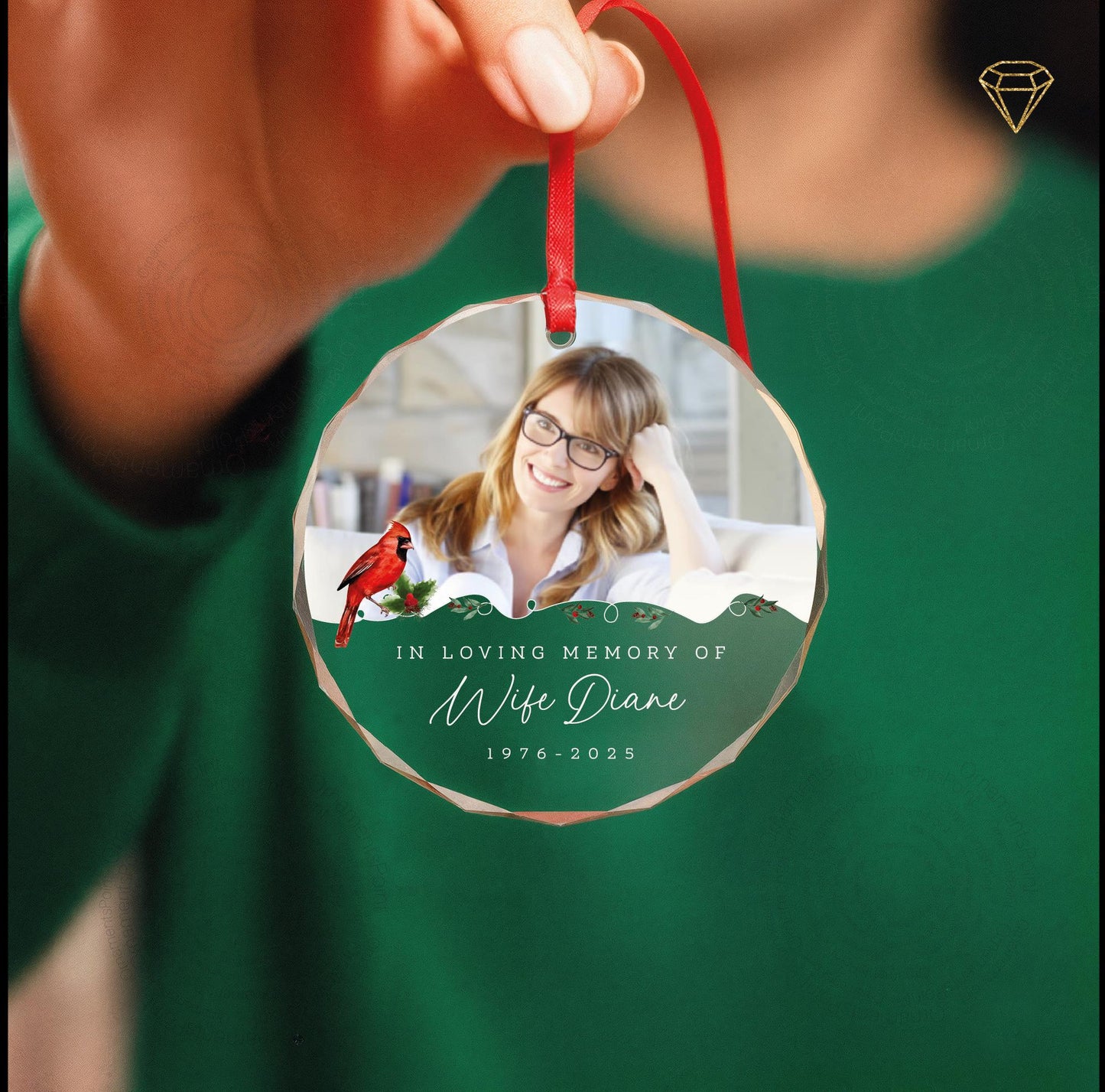 In Loving Memory of Wife Photo Glass Ornament - Cardinal Designed Memorial for a Bereaved Husband