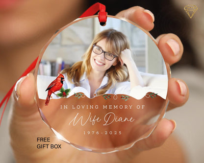In Loving Memory of Wife Photo Glass Ornament - Cardinal Designed Memorial for a Bereaved Husband